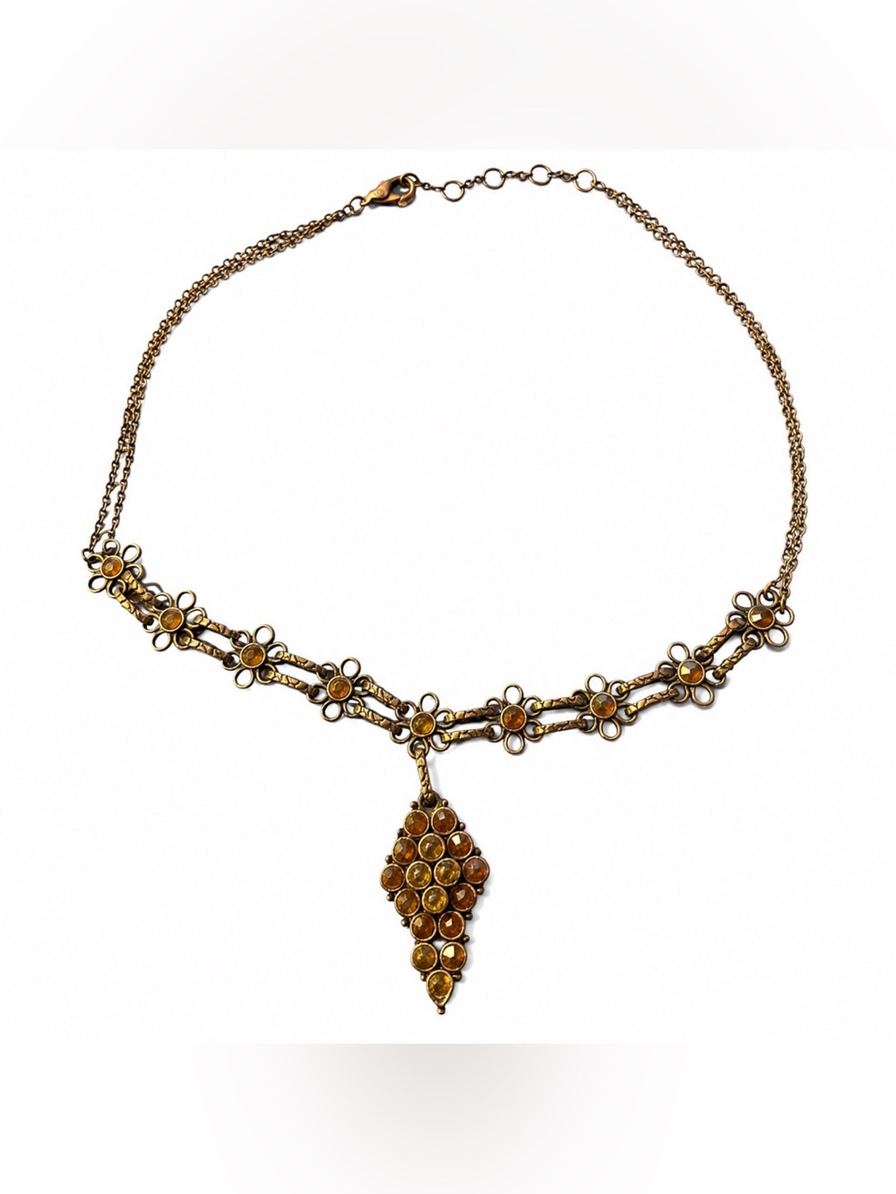 Vintage Amber Glass Floral Grape Cluster Y Drop Necklace Antique Gold